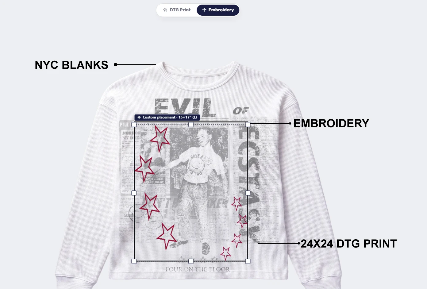 NYC Factory studio: a USA-made thermal with a 24 × 24″ DTG print and embroidery over it